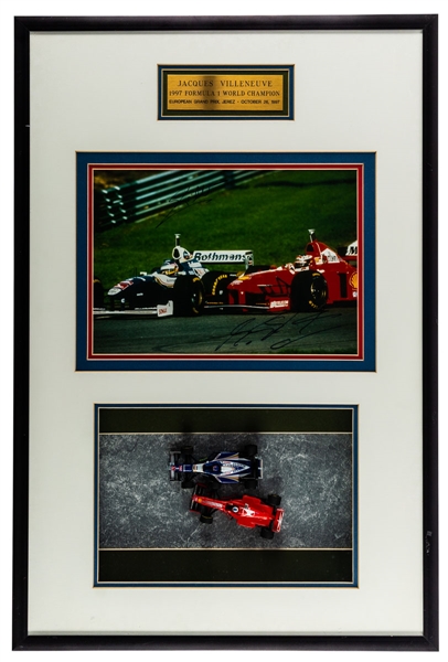 Jacques Villeneuve and Michael Schumacher Dual-Signed 1997 European Grand Prix Framed Display Plus Jacques Villeneuve Signed Players Racing Team Signed Framed Photo - Each with a JSA LOA 