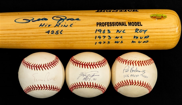 Pete Rose Signed Rawlings Bat with Annotations Plus Ernie Banks, Fernie Jenkins and Pat Borders Single-Signed Baseballs - All JSA Certified