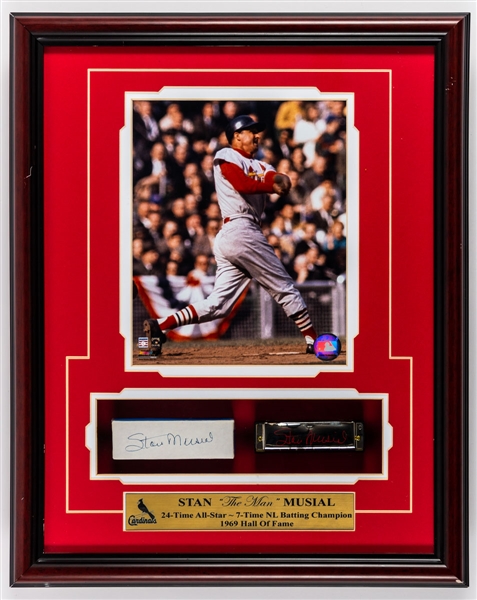 Stan Musial Signed Stan Musial Harmonica Box Framed Display with JSA LOA (16” x 20”)