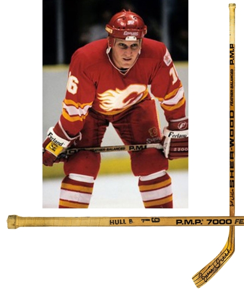 Brett Hulls 1987-88 Calgary Flames Signed Sher-Wood PMP 7000 Game-Used Rookie Season Stick