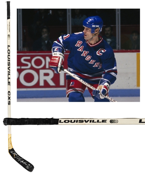 Mark Messiers Early-1990s New York Rangers Signed Louisville CXS Aluminium Game-Used Stick 