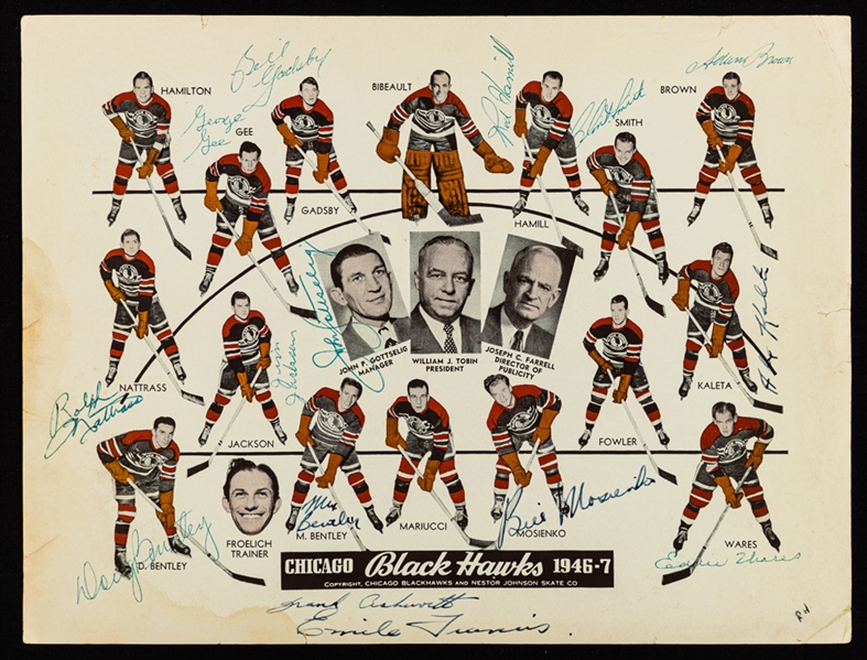 Chicago Black Hawks 1946-47 Team-Signed Team Picture Including Deceased HOFers Mosienko, Bentley Bros, Gadsby and Francis from the Hay Family with LOA (9" x 12")