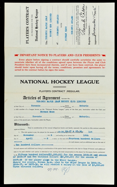 Norman Manns 1935-38 Toronto Maple Leafs NHL Contract Signed by Deceased HOFers Frank Calder , Frank Selke and Conn Smythe