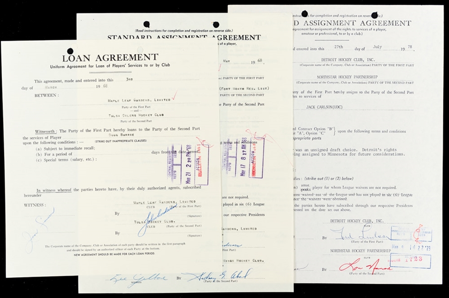 Jack Carlson (Slapshot) Detroit Red Wings Document Signed by Deceased HOFer Ted Lindsay and Doug Barrie Toronto Maple Leafs Documents (2) - One Signed by Deceased HOFer Sid Abel