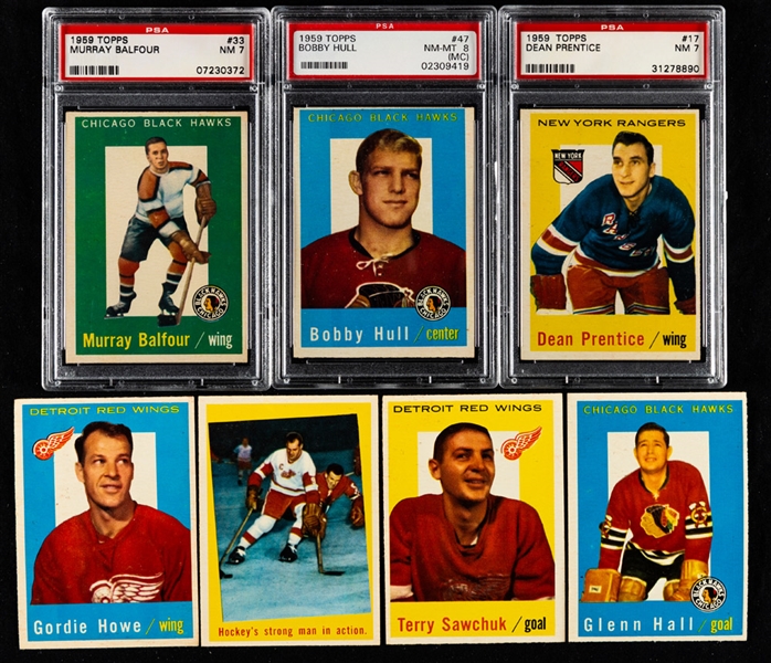 1959-60 Topps Hockey Complete 66-Card Set with 14 PSA Graded Cards Including #47 HOF Bobby Hull (NM-MT 8 MC) Plus Near Complete Set (54/66) with Extras (17)