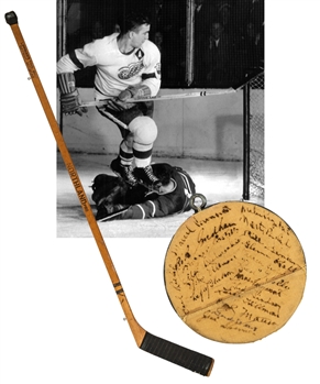 Ted Lindsays 1955-56 Detroit Red Wings Team-Signed Game-Used Northland Pro Game-Used Stick Plus 1955-56 Team-Signed Puck - Both with JSA LOAs