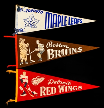 Vintage Hockey Pennant Collection of 37 Including Original Six Era Examples