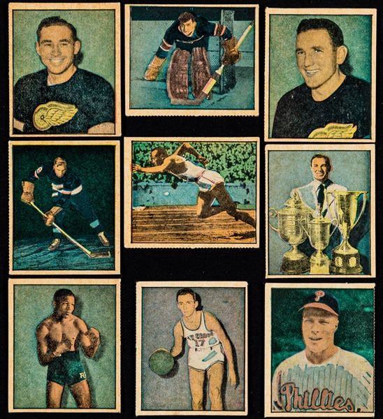 1951 Berk Ross "Hit Parade of Champions" Starter Set (41/72) Including 4-Card Hockey Set (Durnan, Abel, Stewart & Quackenbush) Plus Cards of Cousy, Hogan, Owens, LaMotta, Robinson, Ashburn & Walker