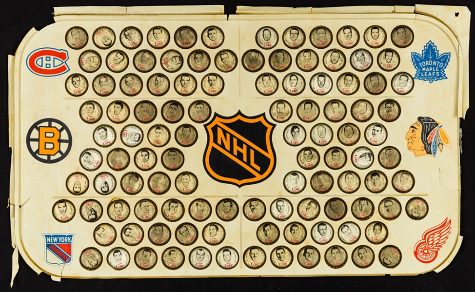 1968-69 Post Cereal Hockey Marbles Set (30), 1964-65 Coca-Cola Bottle Cap Set (108) with Display Rink and Circa 1967-68 NHL Pennant Set