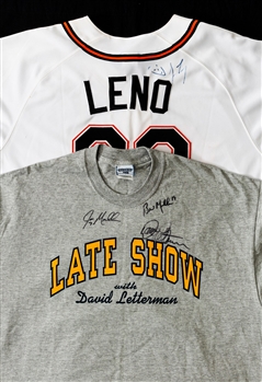 American Television Hosts Jay Leno Signed Harley Davidson Baseball Jersey and David Letterman Signed "Late Show" T-Shirt (Both JSA Certified)
