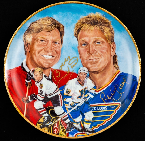 Bobby Hull and Brett Hull Dual-Signed Limited-Edition Lithograph and Gartlan Plate Plus Brett Hull Signed Stick 