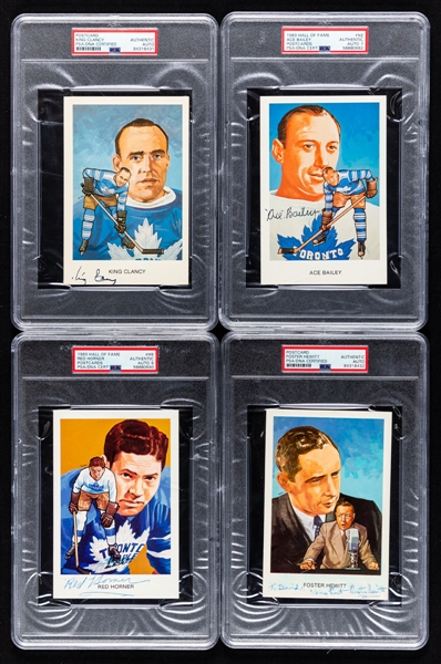 Deceased HOFers King Clancy, Ace Bailey, Red Horner and Foster Hewitt Signed Toronto Maple Leafs Hockey Hall of Fame Postcards - All PSA/DNA Certified
