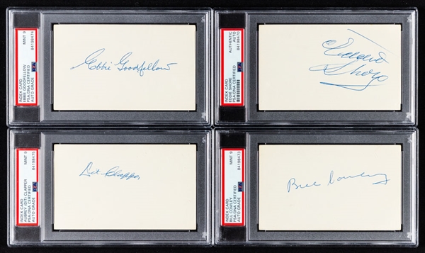 Deceased HOFers Eddie Shore, Dit Clapper, Ebbie Goodfellow and Bill Cowley Signed Index Cards - All PSA/DNA Certified