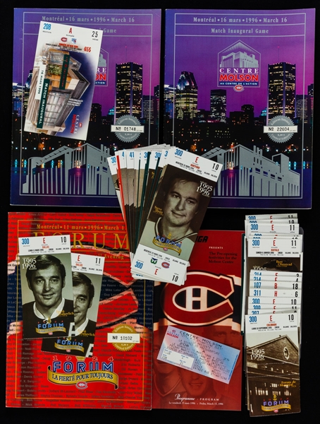 Montreal Forum March 11th 1996 Last Game Program and Tickets (2), Molson Centre March 16th 1996 First Game Programs (2) and Ticket Plus Assorted 1995-96 Tickets