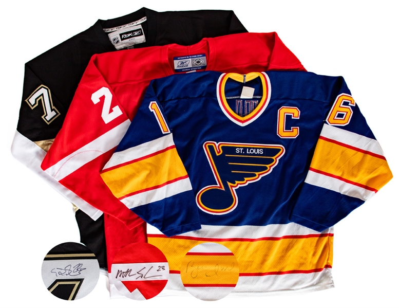 Brett Hull St Louis Blues, Evgeni Malkin Pittsburgh Penguins and Mathieu Schneider Detroit Red Wings Signed Jerseys with JSA Auction LOA