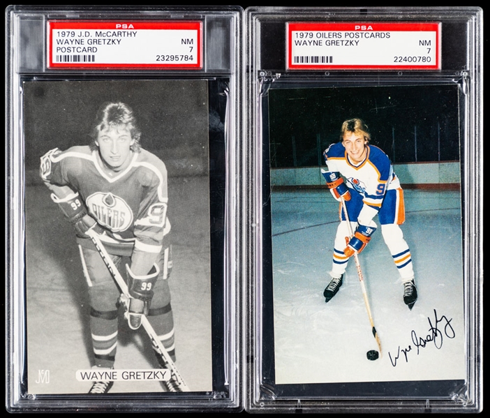 1979-80 Edmonton Oilers J.D. McCarthy Hockey Postcards (3) of HOFer Wayne Gretzky Including Two PSA-Graded (NM 7)