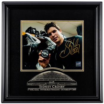 Sidney Crosby Pittsburgh Penguins "First NHL Goal" Signed Photo Framed Display with COA (16 1/4" x 16 1/4")
