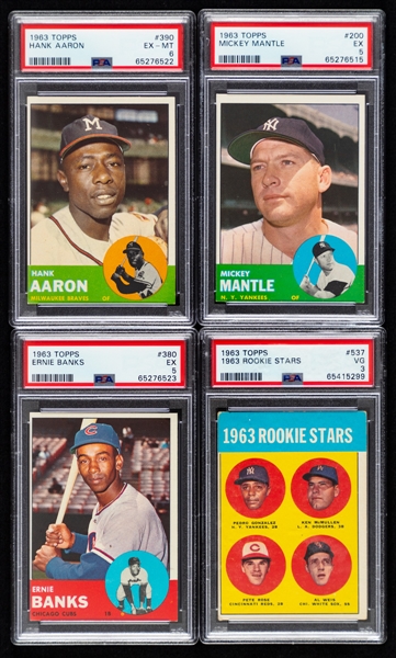 1963 Topps Baseball Near Complete Card Set (575/576) with PSA-Graded Cards (9) Including HOFers #200 Mantle (EX 5), #390 Aaron (EX-MT 6) and #228 Oliva Rookie (NM-MT 8 ST) Plus #537 Rose Rookie (VG 3)