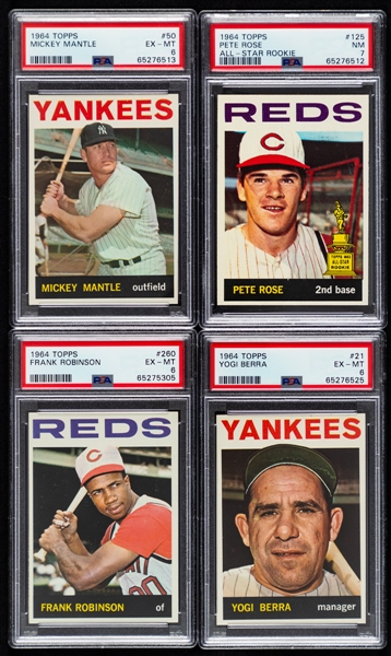 1964 Topps Baseball Complete 587-Card Set with PSA-Graded Cards (9) Including HOFers #50 Mantle (EX-MT 6), #300 Aaron (VG-EX 4) and #150 Mays (VG-EX 4) Plus #125 Rose All-Star Rookie (NM 7)