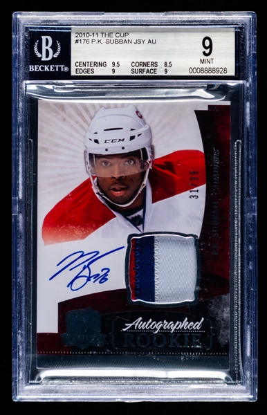 2010-11 Upper Deck The Cup Hockey Card #176 P.K. Subban Autographed Rookie Patch RPA #31/99 - Graded Beckett Mint 9