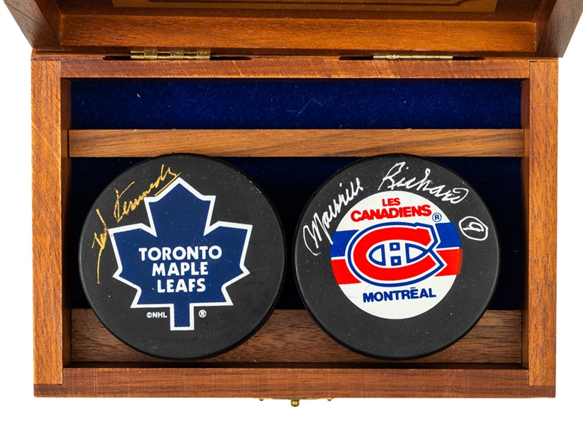 Deceased HOFers Maurice Richard and Ted Kennedy Rivalry Single-Signed Hockey Pucks in Wooden Box