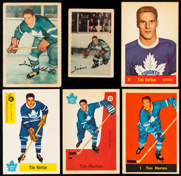 1950s to 1970s Parkhurst, O-Pee-Chee, Topps and Other Brands Hockey Cards/Coins (20) of HOFer Tim Horton Including 1952-53 Parkhurst #58 Rookie Card