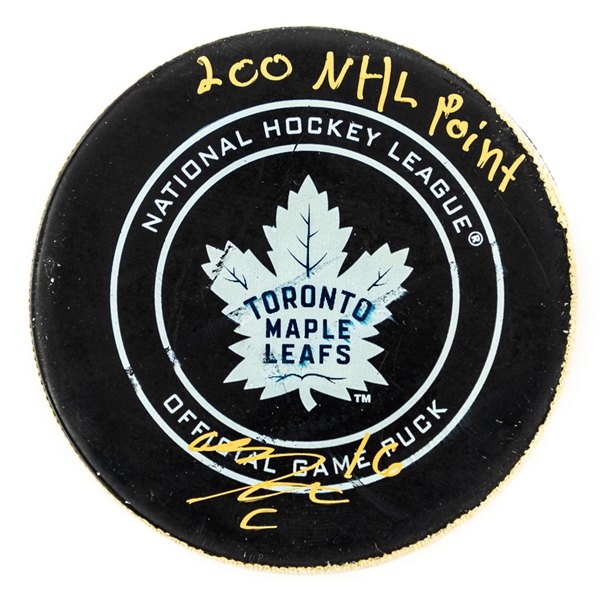 Zach Hymans Toronto Maple Leafs February 23rd 2019 Goal Puck with Team COA signed by Mitch Marner - Season Goal #12 of 21 / Career Goal #41 - Marners 200th Career NHL Point! - Game-Winning Goal!