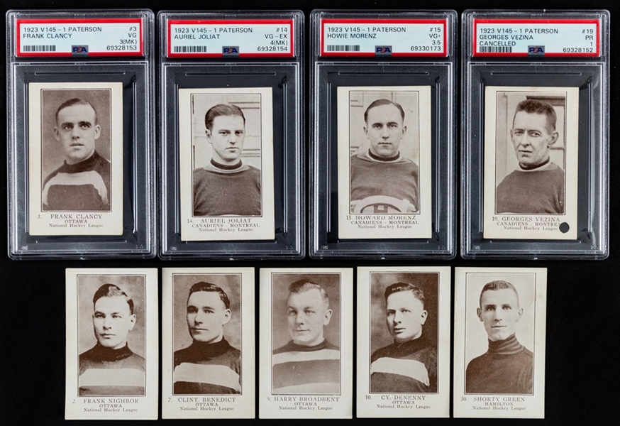 1923-24 William Paterson V145-1 Hockey Near Complete Card Set (39/40) Inc. PSA-Graded Cards of HOFers #15 Morenz Rookie (3.5), #3 Clancy Rookie (3 MK), #14 Joliat Rookie (4 MK) and #19 Vezina (PR 1)