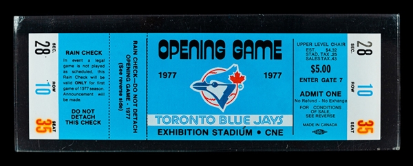 Toronto Blue Jays April 7th 1977 Inaugural Game Full Ticket in Lucite