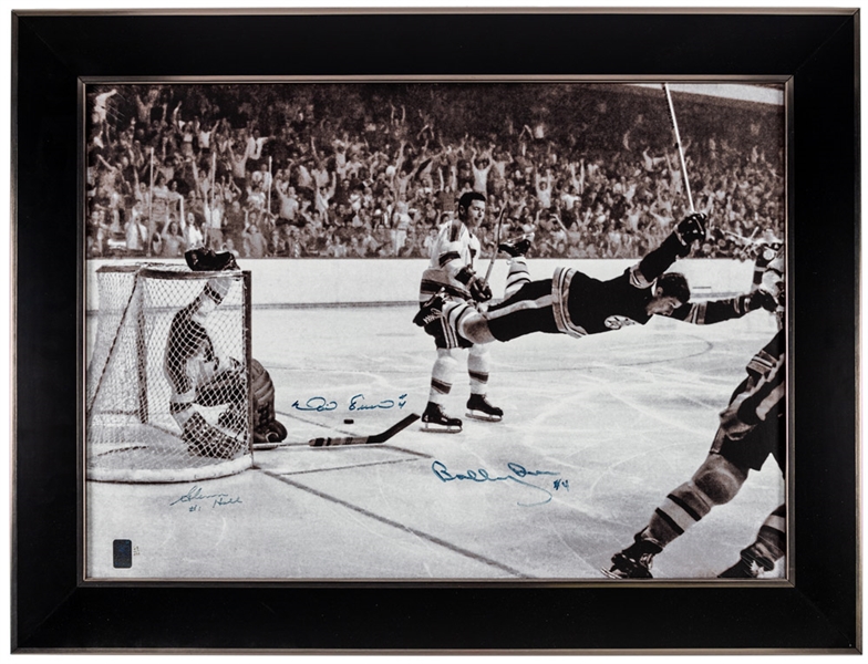 Bobby Orr, Noel Picard and Glenn Hall Tripled-Signed The Goal Limited-Edition Framed Print on Canvas #69/100 with WGA COA (33 ½” x 25 ½”)