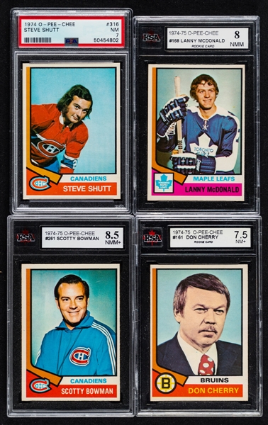 1974-75 O-Pee-Chee Hockey Complete 396-Card Set with Graded Cards (10) Including #316 HOFer Steve Shutt Rookie (PSA 7), #168 HOFer Lanny McDonald Rookie (KSA 8) and #100 HOFer Bobby Orr (KSA 8)