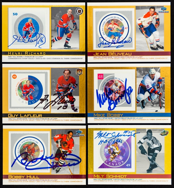 Canada Post 2000 to 2005 NHL All-Stars Commemorative Stamp Hockey Cards (42) with 25 Signed Cards Including Lafleur, Bossy, Beliveau, F. Mahovlich, Mikita, H. Richard, Schmidt, Park, Hall and Others