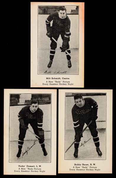 1936-37 Providence Reds Hockey Near Complete Card Set (7/11) Including HOFers Milt Schmidt, Bobby Bauer and Porky Dumart