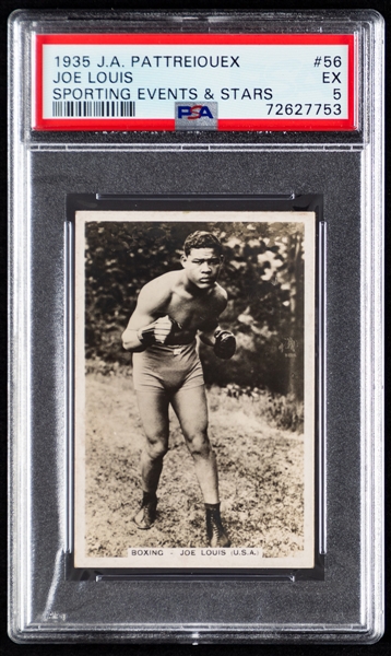 1935 J.A Pattreiouex Sporting Event & Stars Boxing Card #56 Joe Louis Rookie (PSA EX 5) and 1938 FC Cartledge Famous Prize Fighters Card #30 Joe Louis (Glossy)