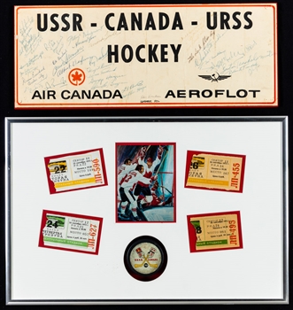 1972 Canada-Russia Series Game 5, 6, 7 and 8 Ticket Stubs from Luzhniki Ice Palace (Moscow) Framed Display Plus Canadian Fans Bus Identifier Sign