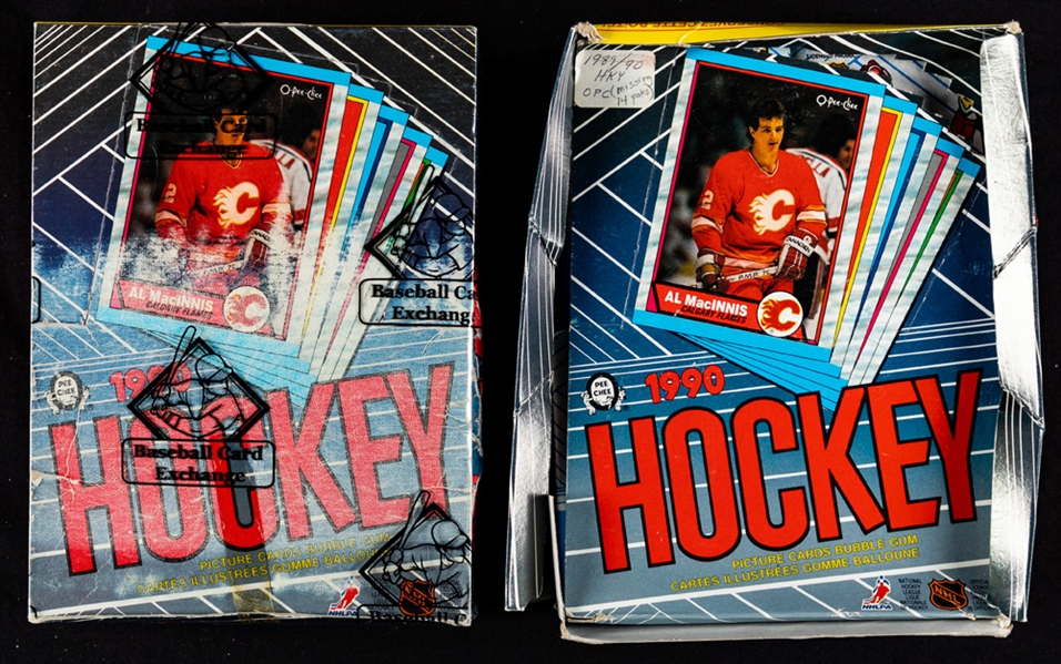 1989-90 O-Pee-Chee Hockey Wax Box (48 Unopened Packs - BBCE Certified) Plus Partial Box (34 Packs) - Joe Sakic, Brian Leetch and Theoren Fleury Rookie Card Year