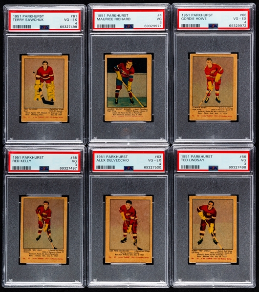 1951-52 Parkhurst Hockey Complete 105-Card Set With PSA-Graded Cards (6) Including Rookie Cards of HOFers #4 Maurice Richard (VG 3), #61 Terry Sawchuk (VG-EX 4) and #66 Gordie Howe (VG-EX 4)