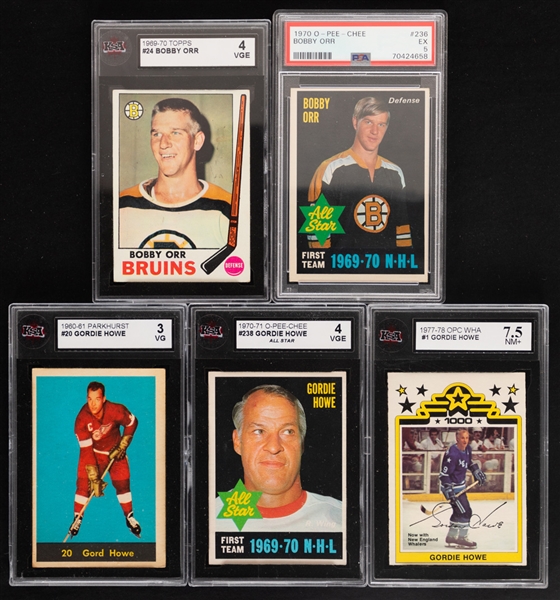 1960-61 to 1977-78 Parkhurst, O-Pee-Chee and Topps Hockey Cards of HOFers Bobby Orr and Gordie Howe (13) Inc. PSA/KSA-Graded Examples (5)