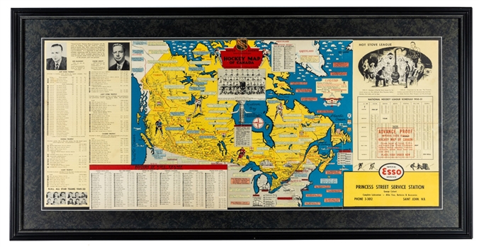 1950-51 Esso "Hockey Map of Canada" Framed Proof Poster (22 ½” x 45”)