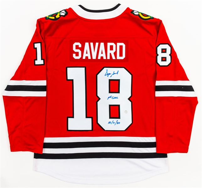 Denis Savard Signed Chicago Black Hawks Jersey with COA - 1st Goal 10/11/80 Annotation