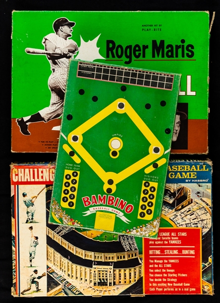 Vintage 1940s-60s Baseball Board Game Collection of 3 Including 1946 Bambino Baseball Game, 1962 Roger Maris Baseball Game and 1964 Challenge the Yankees Baseball Game 
