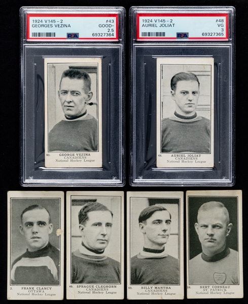 1924-25 William Paterson V145-2 Hockey Cards (21) Including PSA-Graded Cards of HOFers #43 Georges Vezina (Good+ 2.5) and #48 Aurele Joliat (VG 3) 