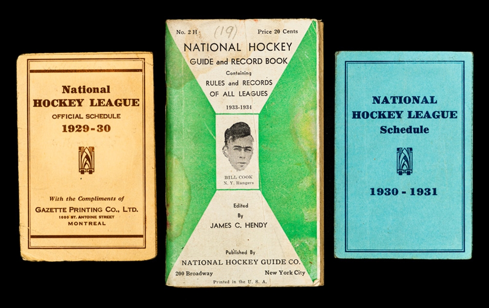 Hockey Memorabilia Collection Including 1933-34 James C. Hendy Guide, 1929-30 and 1930-31 NHL Schedules, 1928-29 Forum School Hockey League Players Ticket and More
