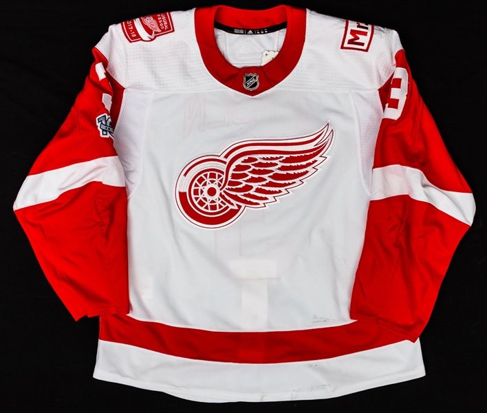 Nick Jensens 2017-18 Detroit Red Wings Game-Worn Jersey and Locker Room Nameplate with COA - Mike Ilitch Commemorative, NHL Centennial and Little Caesars Arena Inaugural Season Patches!