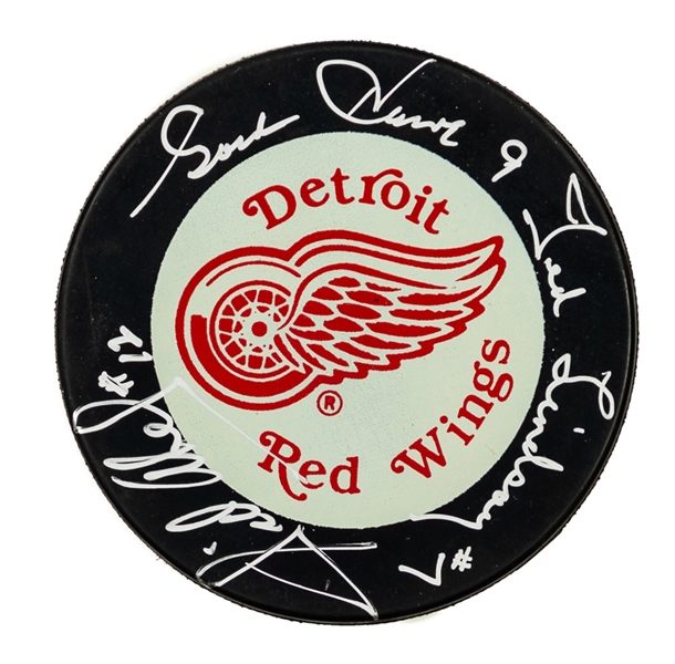 Deceased HOFers Gordie Howe, Sid Abel and Ted Lindsay "Production Line" Signed Puck with LOA