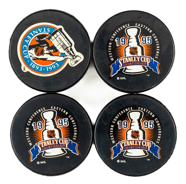 NHL 1993-2002 Game Puck Collection of 13 including 2002 Stanley Cup Finals (5)