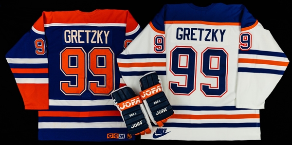 Wayne Gretzky 1987 Edmonton Oilers Jofa Gloves (Pair) with Signed Left Glove (WGA COA) Plus Edmonton Oilers Home and Away Pro On-Ice Jerseys
