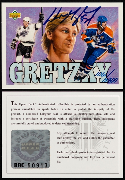 1992-93 UD Hockey Heroes Signed Hockey Card #18 HOFer Wayne Gretzky (1061/2800 - UDA COA) Plus PSA/DNA Certified 1990-91 Upper Deck Signed Hockey Cards (2)