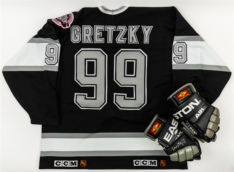 Wayne Gretzky Los Angeles Kings Easton Gloves (Pair) with Signed Right Glove (LE 299/350 - UDA COA) Plus 1991-92 Los Angeles Kings Pro On-Ice Jersey