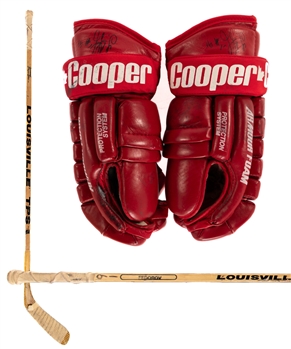 Sergei Fedorovs Early-1990s Detroit Red Wings Louisville TPS Game-Used Rookie Era Stick Plus Signed Cooper Gloves 